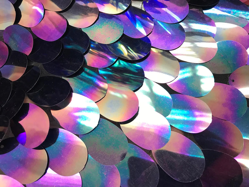 Jumbo Oval Sequins - Silver/ Blue/ Purple Iridescent - Large Oval Sequins Paillette on Mesh By Yard
