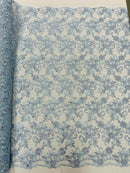 Small Flower Plant Fabric - Baby Blue - Floral Embroidered Design on Lace Mesh By Yard