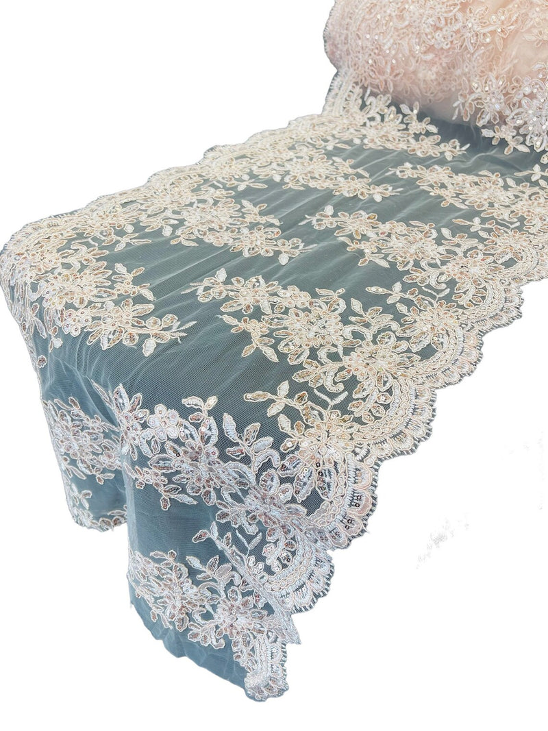 Floral Sequins Cluster Design - Blush - 14" Embroidered Floral Design Table Runner Sold By Yard