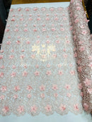 Guipure Lace Fabric - Blush Peach - Floral Bridal Guipure Lace with Pearls Sold by the Yard