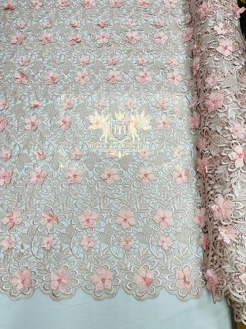 Guipure Lace Fabric - Blush Peach - Floral Bridal Guipure Lace with Pearls Sold by the Yard