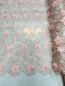 Guipure Lace Fabric - Blush Peach - Floral Bridal Guipure Lace with Pearls Sold by the Yard