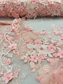 3D Rose Plant Fabric - Blush Pink - Embroidered Flower Design Rose Fabric Sold by Yard