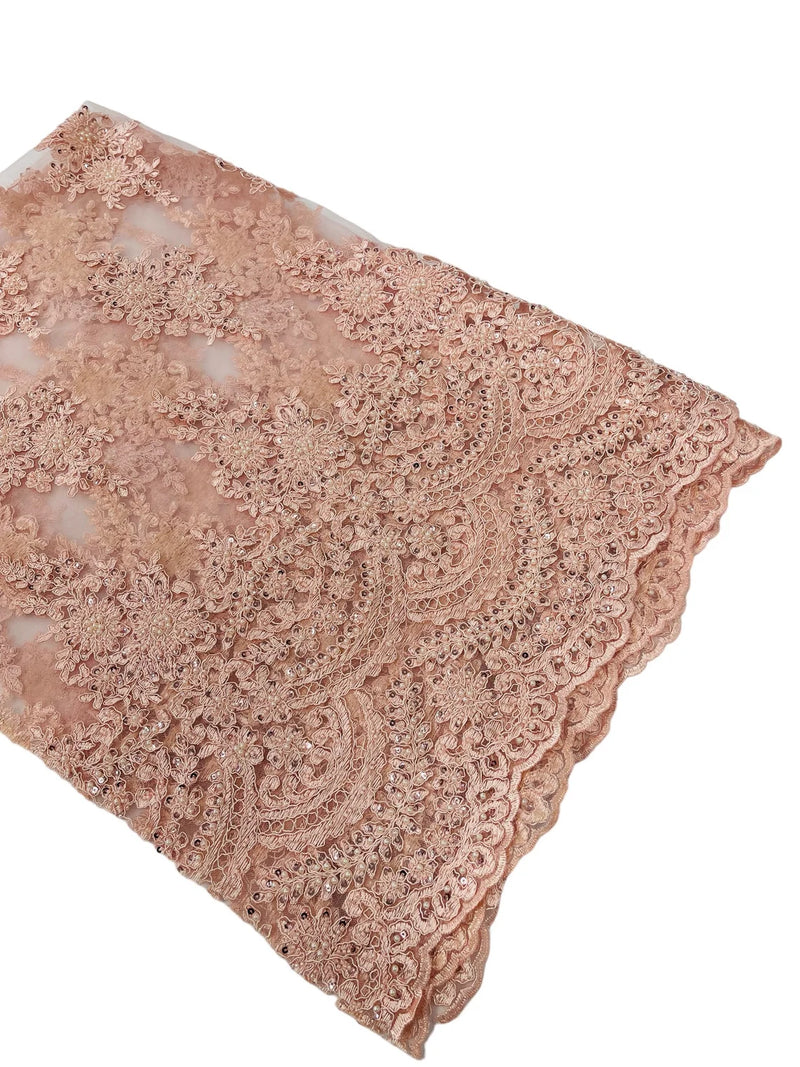Flower Cluster Beaded Fabric - Blush Pink - Embroidered Beaded Layered Border Fabric Sold By Yard