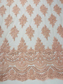 Flower Cluster Beaded Fabric - Blush Pink - Embroidered Beaded Layered Border Fabric Sold By Yard