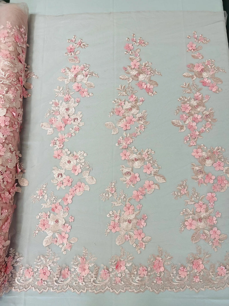 3D Rose Plant Fabric - Blush Pink - Embroidered Flower Design Rose Fabric Sold by Yard