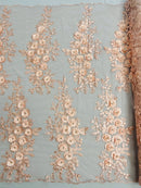 3D Rose Cluster Rhinestone - Blush - Embroidered 3D Floral Rose Design Fabric Sold by Yard