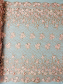 3D Triangle Floral Pearl Fabric - Blush - 3D Embroidered Floral Design on Lace Mesh By Yard