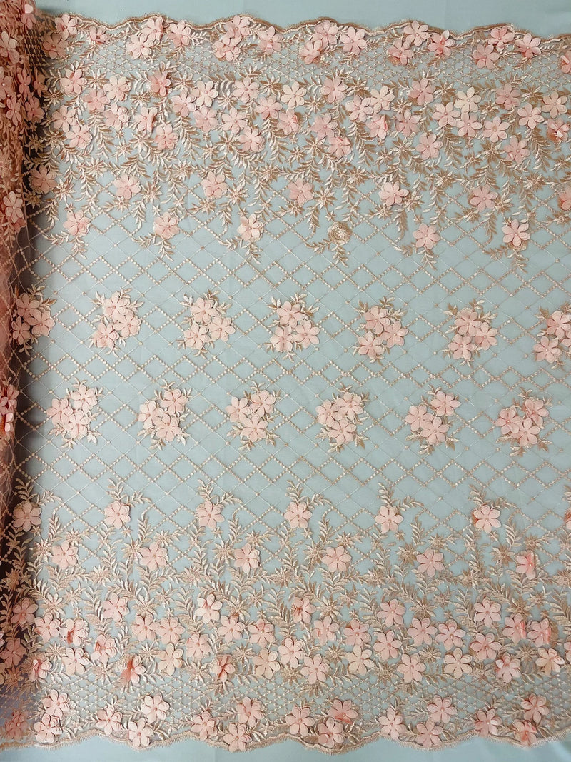 3D Triangle Floral Pearl Fabric - Blush - 3D Embroidered Floral Design on Lace Mesh By Yard