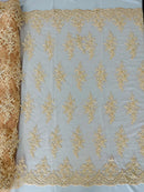 Fancy Border Cluster Fabric - Blush - Embroidered Beaded Flower Lace Design on Mesh Yard