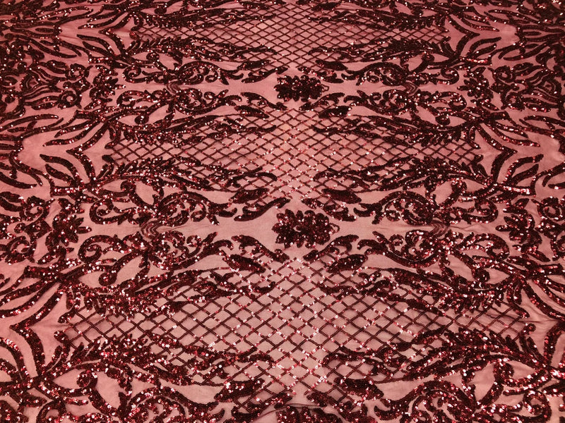 4 Way Stretch Fabric Design - Burgundy - Fancy Net Sequins Design Fabric By Yard