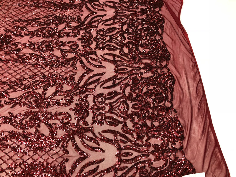 4 Way Stretch Fabric Design - Burgundy - Fancy Net Sequins Design Fabric By Yard