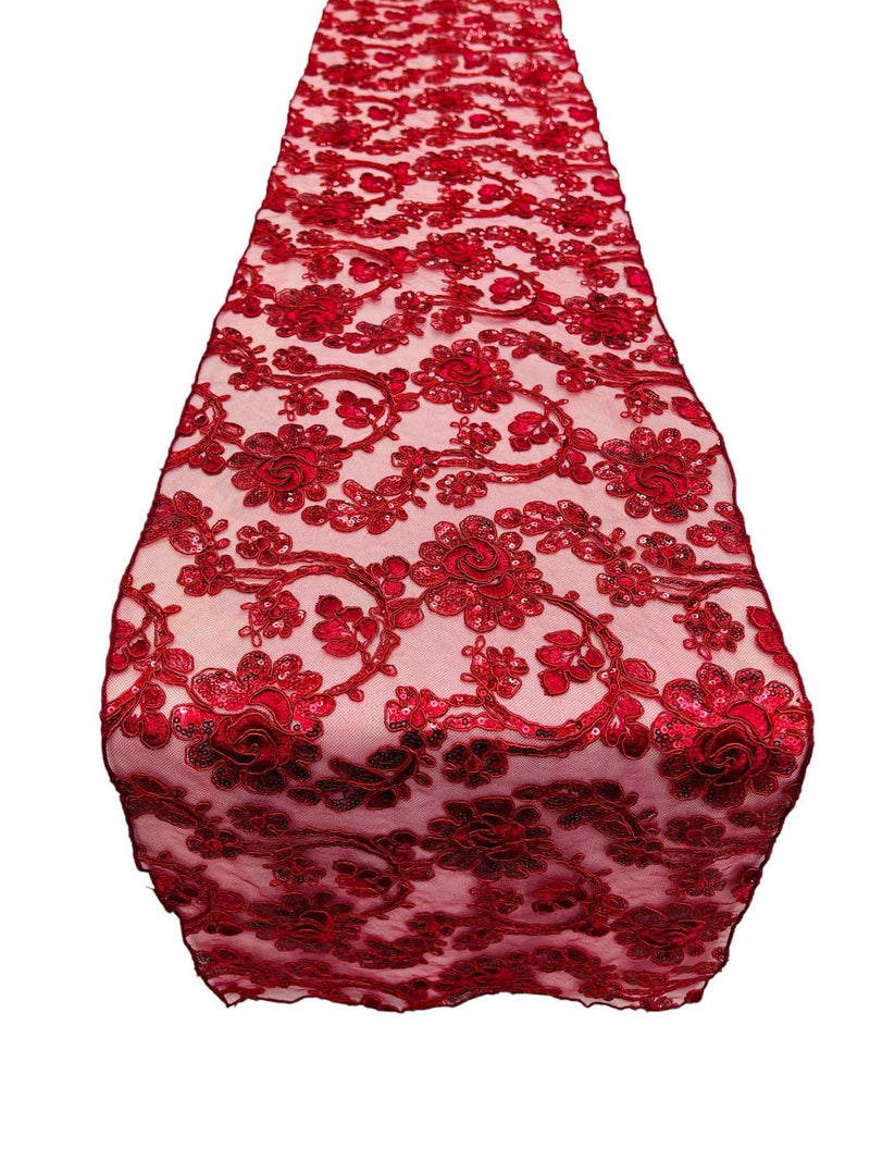 Floral Lace Table Runner - Burgundy  - 12" x 90" Sequins Floral Lace Table Runner