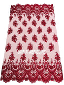 Floral Cluster Beaded Fabric - Burgundy - Embroidered Fancy Fashion Design Beads and Sequins Sold by yard