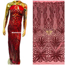 Floral Star Leaf Design - Burgundy - 4 Way Stretch Sequin Floral Design on Mesh By Yard