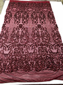 4 Way Stretch Fabric Design - Burgundy - Fancy Net Sequins Design Fabric By Yard