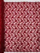 Floral Embroidered Lace - Burgundy - Floral Corded Lace With Sequins Sold By Yard