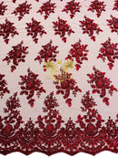 Beaded Flower Sequins Fabric - Burgundy - Embroidery With Beads and Sequin on a Mesh Sold By Yard