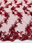 3D Flower Sequin Cluster Design - Burgundy - Sequins Embroidered Floral Design on Tulle Sold By Yard