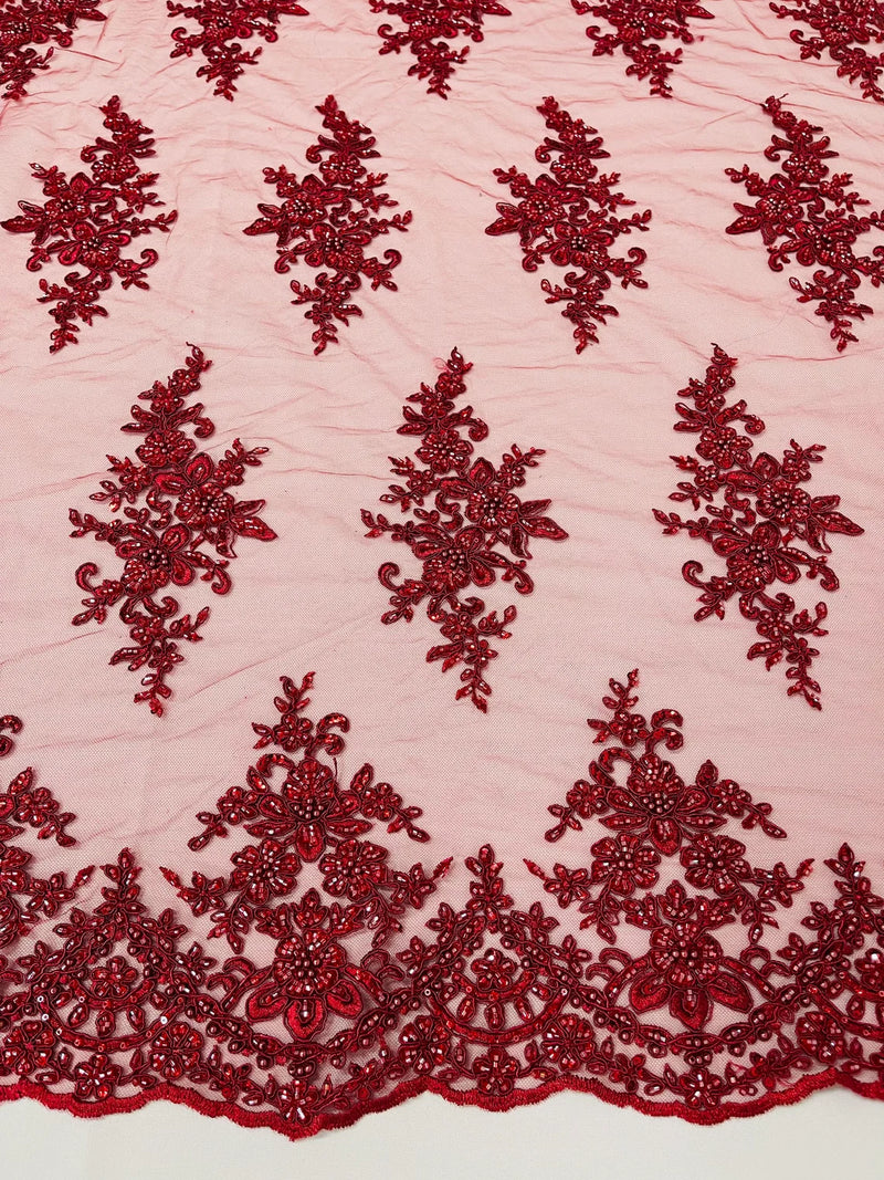 Fancy Border Cluster Fabric - Burgundy - Embroidered Beaded Flower Lace Design on Mesh Yard