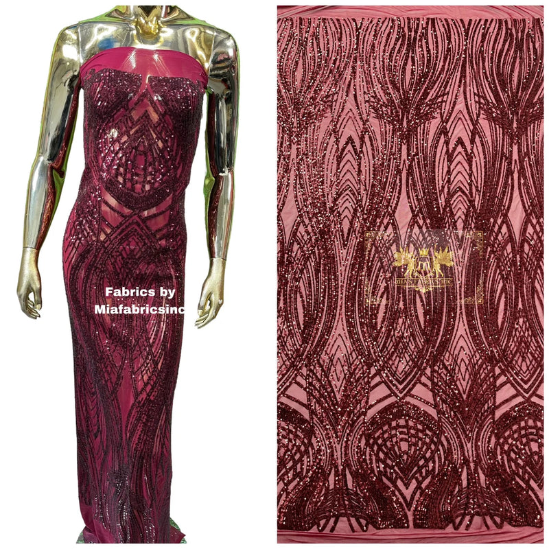 Long Wavy Line Design Sequins - Burgundy - 4 Way Stretch Sequin Design on Mesh Fabric By Yard