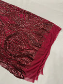 Long Wavy Line Design Sequins - Burgundy - 4 Way Stretch Sequin Design on Mesh Fabric By Yard