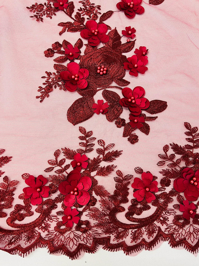 3D Rose Plant Fabric - Burgundy - Embroidered Flower Design Rose Fabric Sold by Yard