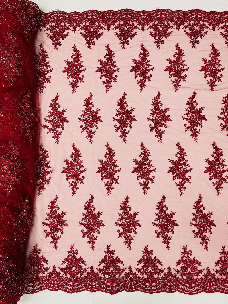 Fancy Border Cluster Fabric - Burgundy - Embroidered Beaded Flower Lace Design on Mesh Yard