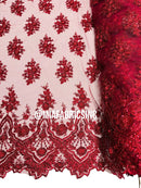 Floral Cluster Beaded Fabric - Burgundy - Embroidered Fancy Fashion Design Beads and Sequins Sold by yard