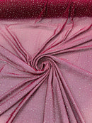 Power Mesh Polyester Rhinestones Fabric - Burgundy - 4 Way Stretch Mesh Fabric Sold by Yard