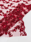 3D Flower Sequin Cluster Design - Burgundy - Sequins Embroidered Floral Design on Tulle Sold By Yard