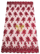 Beaded Flower Sequins Fabric - Burgundy - Embroidery With Beads and Sequin on a Mesh Sold By Yard