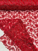 Floral Embroidered Lace - Burgundy - Floral Corded Lace With Sequins Sold By Yard