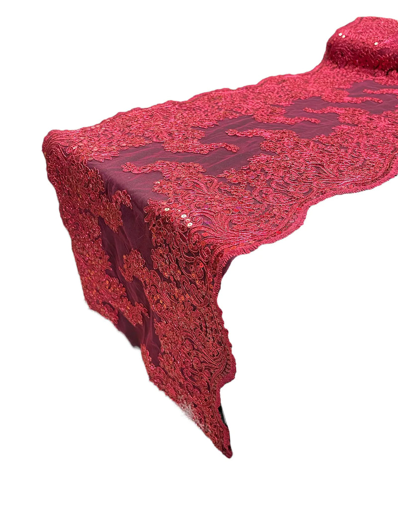 14" Metallic Floral Pattern Lace Table Runner - Burgundy - Floral Table Runner for Event Decoration