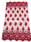 Floral Cluster Beaded Fabric - Burgundy - Embroidered Fancy Fashion Design Beads and Sequins Sold by yard