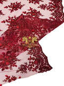Beaded Flower Sequins Fabric - Burgundy - Embroidery With Beads and Sequin on a Mesh Sold By Yard