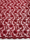 Floral Embroidered Lace - Burgundy - Floral Corded Lace With Sequins Sold By Yard