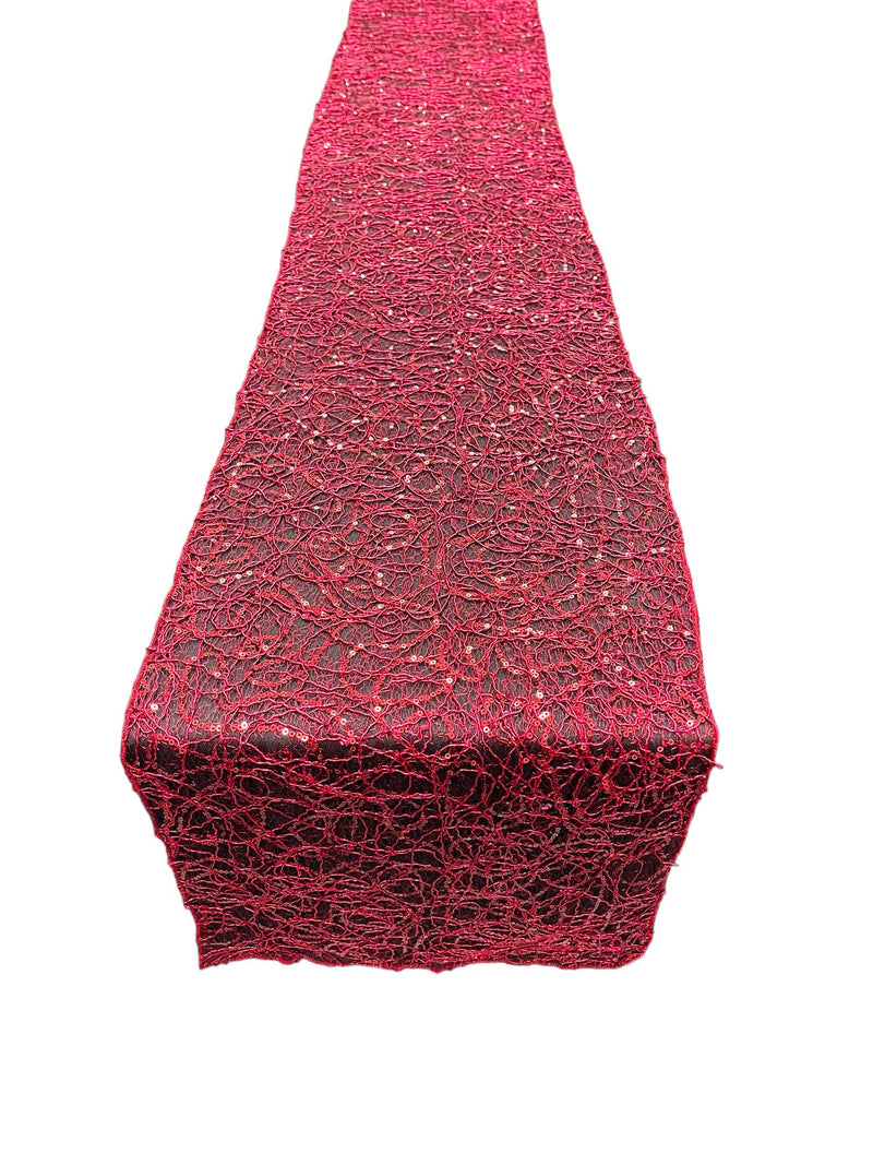 Lace Sequins Design Table Runner - Burgundy - 12" x 90" Lace Sequins Table Runner