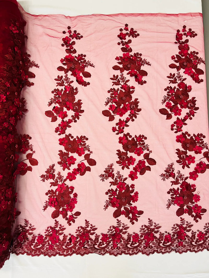 3D Rose Plant Fabric - Burgundy - Embroidered Flower Design Rose Fabric Sold by Yard