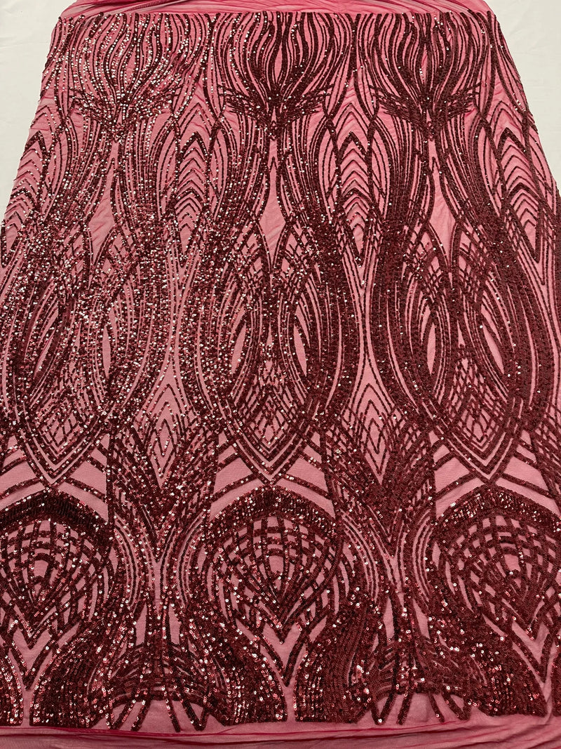 Long Wavy Line Design Sequins - Burgundy - 4 Way Stretch Sequin Design on Mesh Fabric By Yard