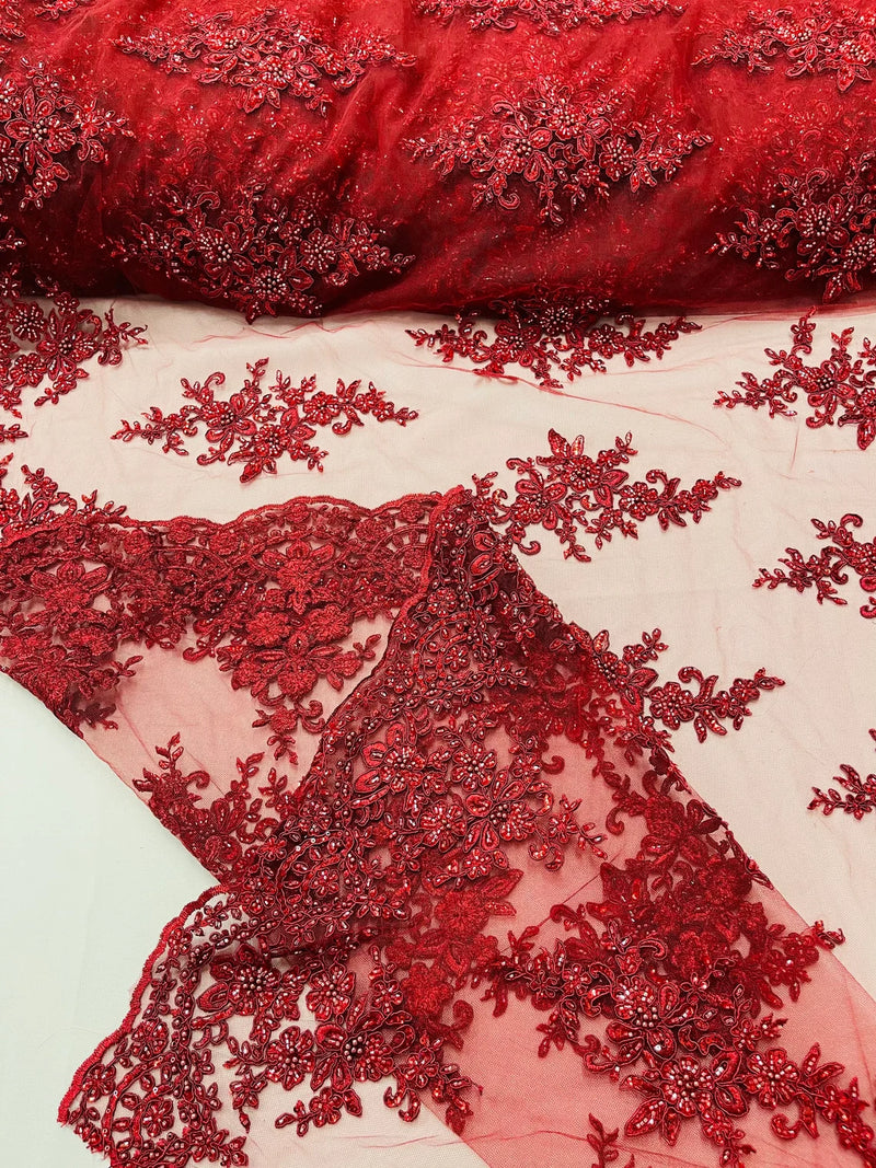 Fancy Border Cluster Fabric - Burgundy - Embroidered Beaded Flower Lace Design on Mesh Yard