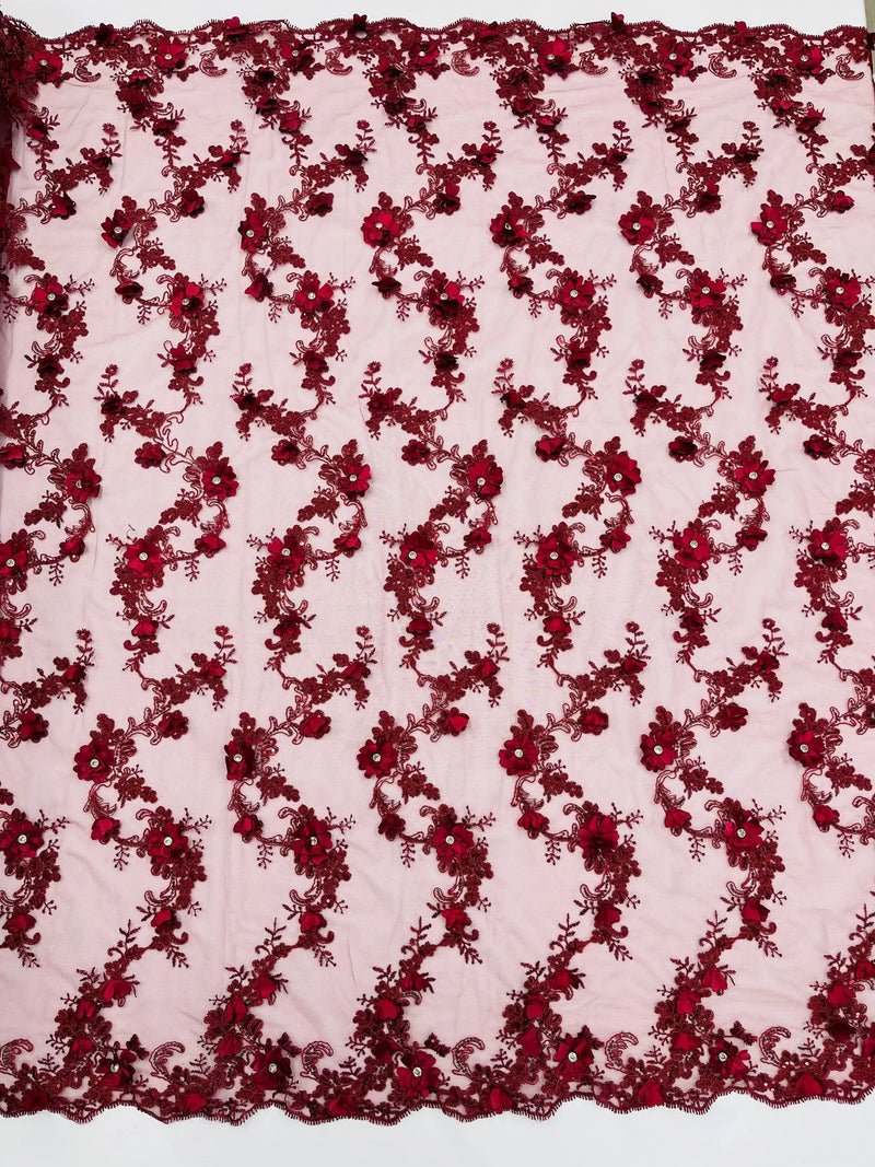 3D Flower Sequin Cluster Design - Burgundy - Sequins Embroidered Floral Design on Tulle Sold By Yard