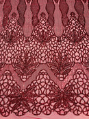 Floral Star Leaf Design - Burgundy - 4 Way Stretch Sequin Floral Design on Mesh By Yard