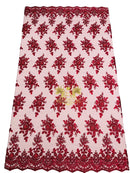 Beaded Flower Sequins Fabric - Burgundy - Embroidery With Beads and Sequin on a Mesh Sold By Yard