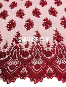 Floral Cluster Beaded Fabric - Burgundy - Embroidered Fancy Fashion Design Beads and Sequins Sold by yard