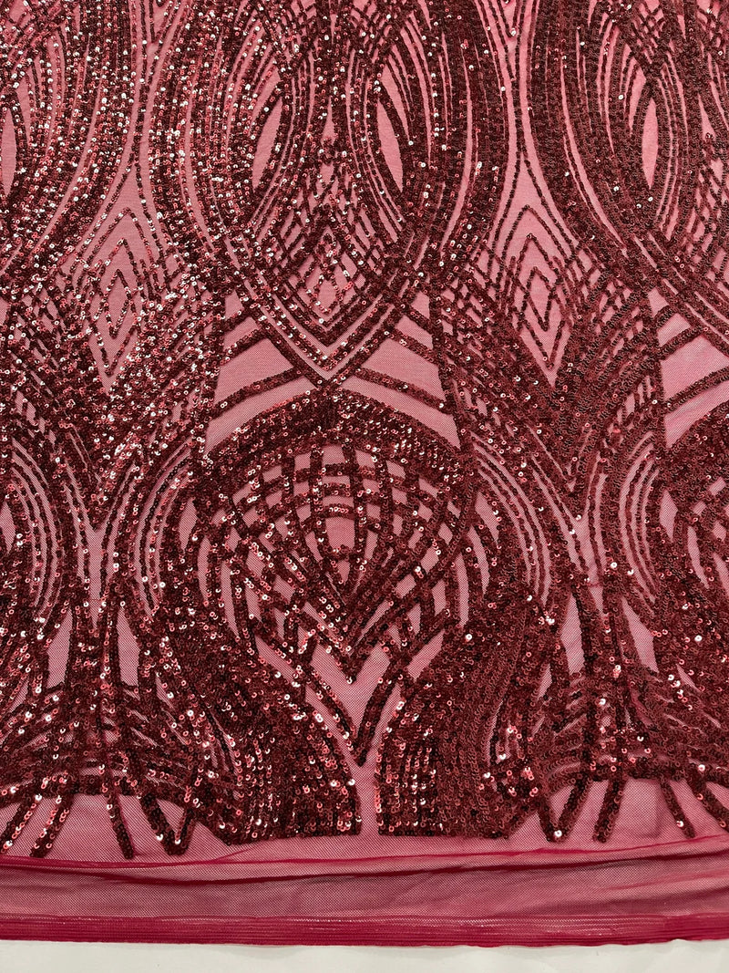 Long Wavy Line Design Sequins - Burgundy - 4 Way Stretch Sequin Design on Mesh Fabric By Yard