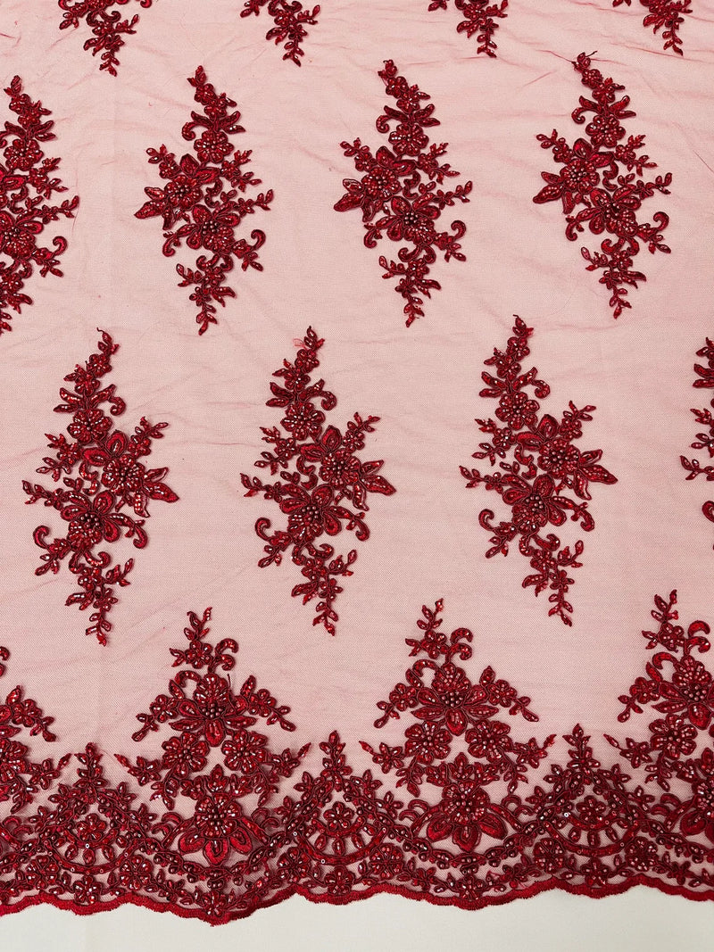 Fancy Border Cluster Fabric - Burgundy - Embroidered Beaded Flower Lace Design on Mesh Yard