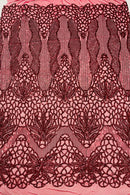 Floral Star Leaf Design - Burgundy - 4 Way Stretch Sequin Floral Design on Mesh By Yard