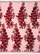 3D Rose Cluster Rhinestone - Burgundy - Embroidered 3D Floral Rose Design Fabric Sold by Yard