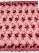 Floral Fabric - Burgundy - Sold By Yard Embroidered Roses With Sequins on a Mesh Lace Fabric